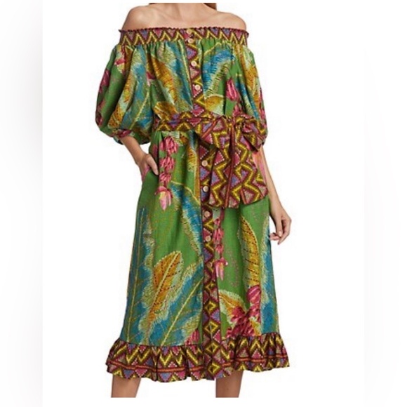 Farm Rio banana leaves off shoulder linen midi dress pockets belted - Picture 5 of 6